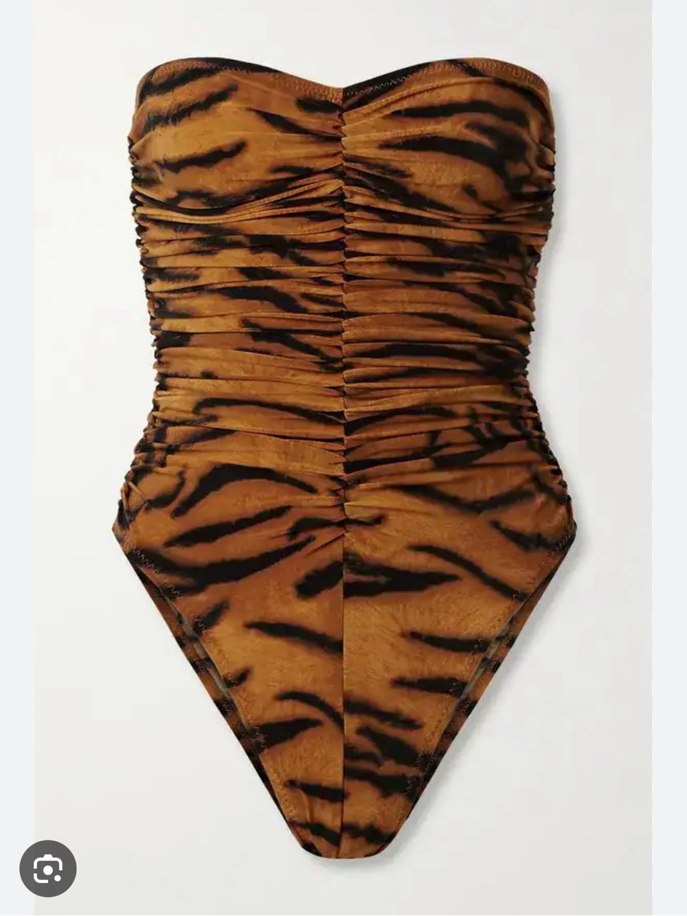 Norma Kamali Ruched Strapless Tiger Print One-Piece Swimsuit